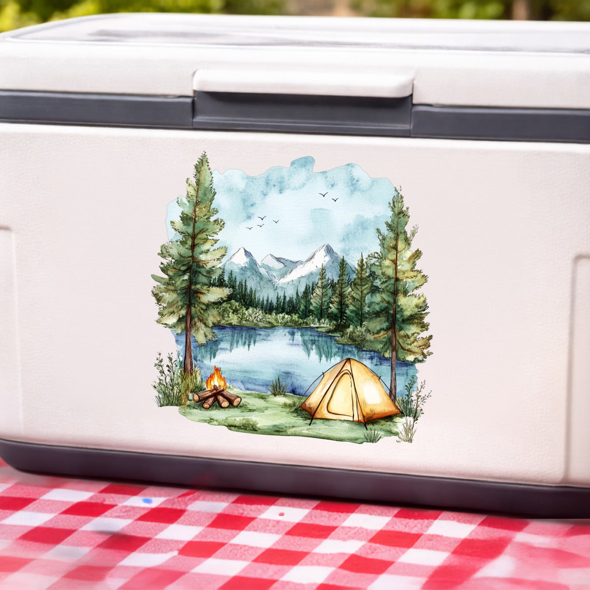 Lake Campfire And Tent UV DTF sticker applied to a white cooler