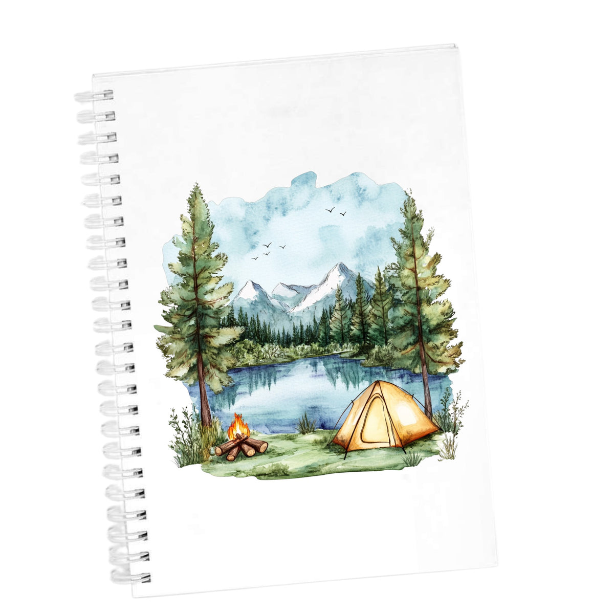 Lake Campfire And Tent UV DTF sticker applied to a white journal