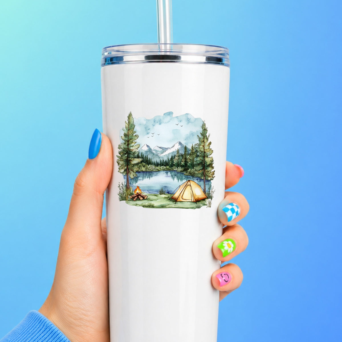 Lake Campfire And Tent UV DTF sticker applied to a white tumbler
