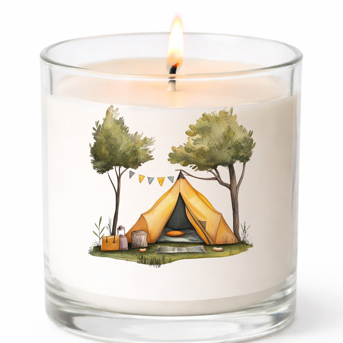Bunting Flag Camp Tent UV DTF sticker applied to a candle jar