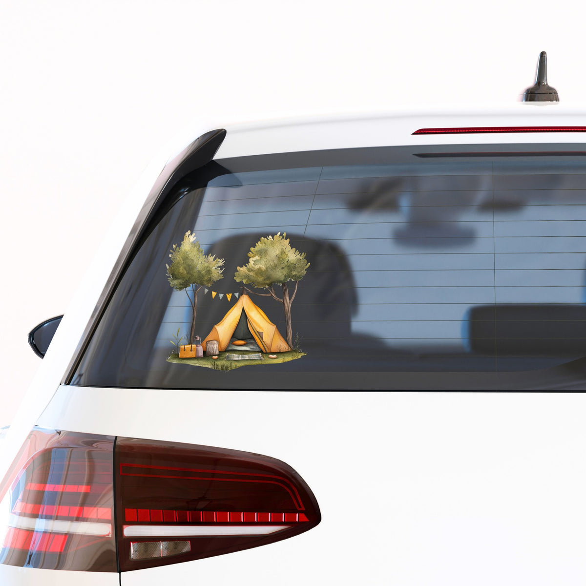 Bunting Flag Camp Tent UV DTF sticker applied to a car window