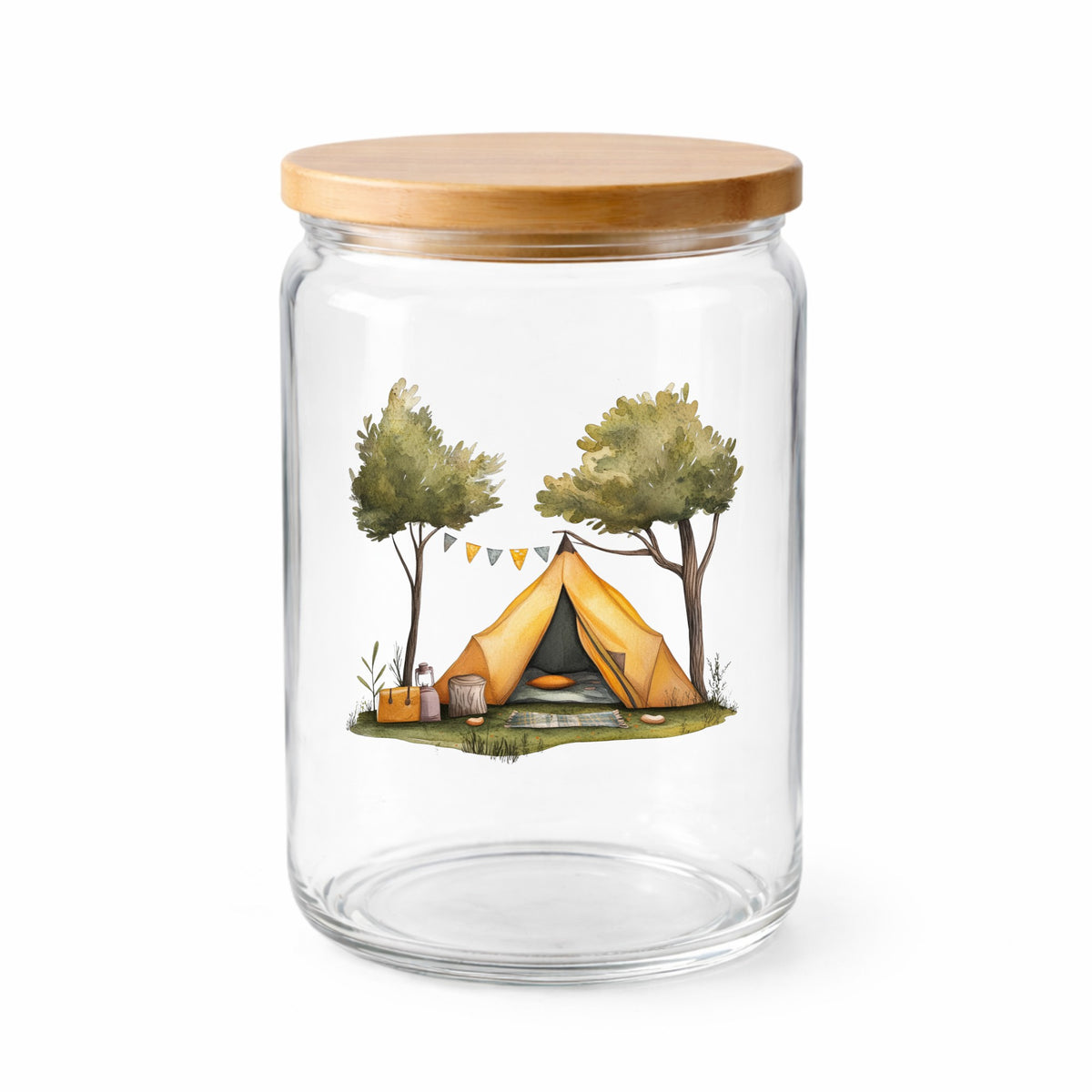 Bunting Flag Camp Tent UV DTF sticker applied to a clear glass jar with lid