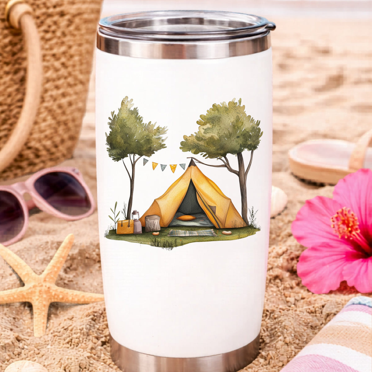 Bunting Flag Camp Tent UV DTF sticker applied to a water bottle at the beach