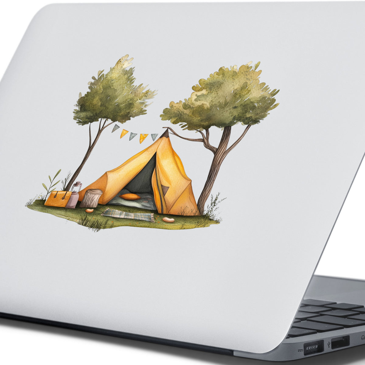 Bunting Flag Camp Tent UV DTF sticker applied to a laptop