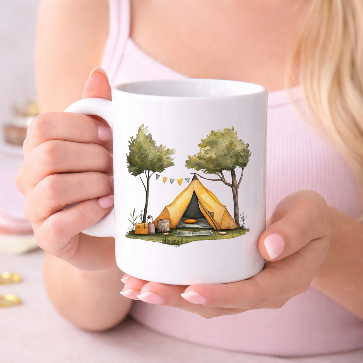 Bunting Flag Camp Tent UV DTF sticker displayed on a white coffee mug