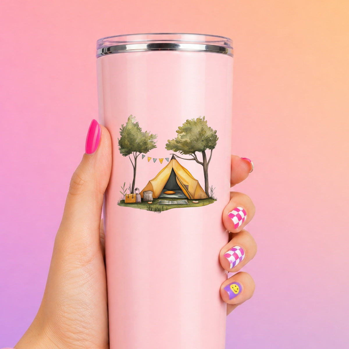 Bunting Flag Camp Tent UV DTF sticker applied to a pink tumbler