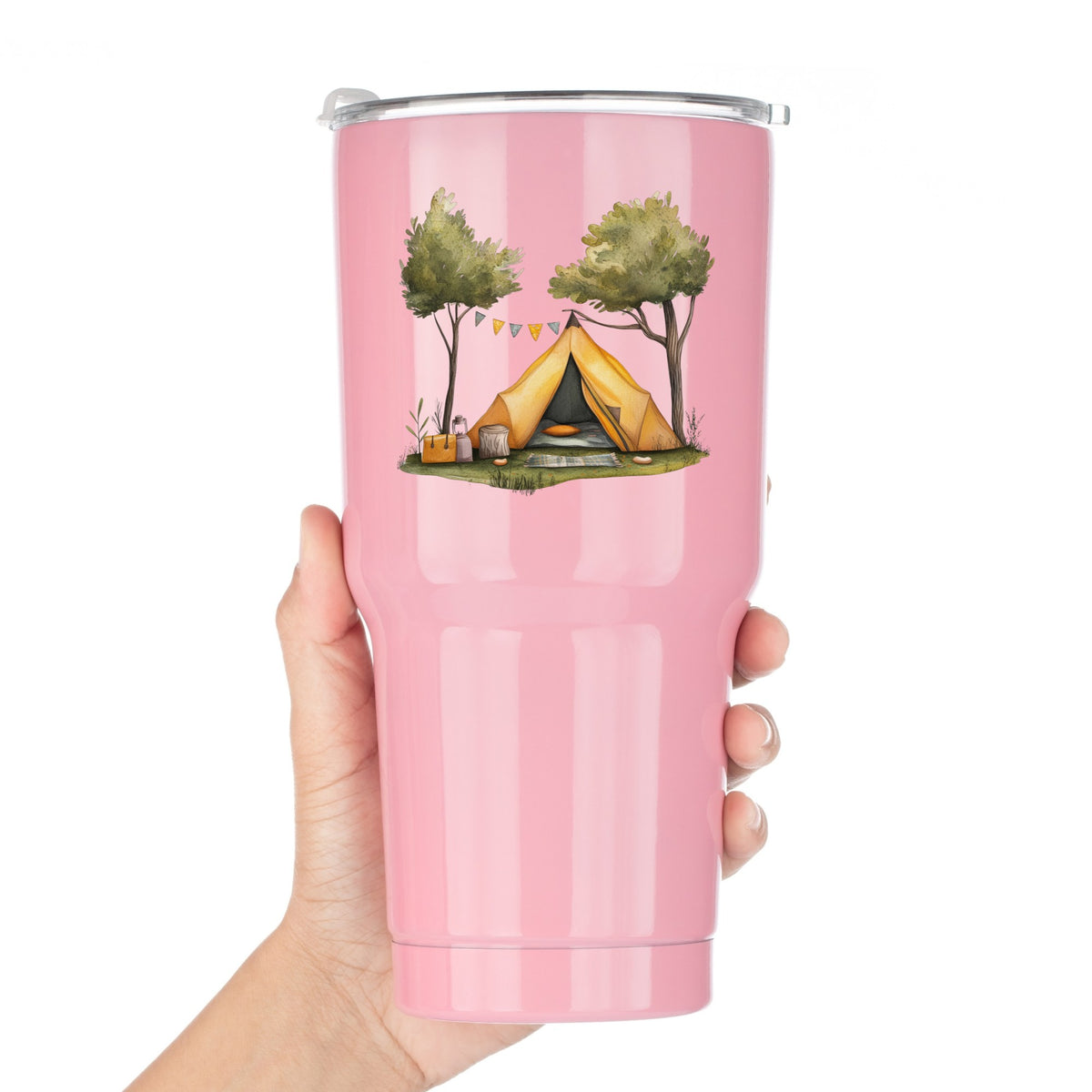 Bunting Flag Camp Tent UV DTF sticker applied to a pink tumbler