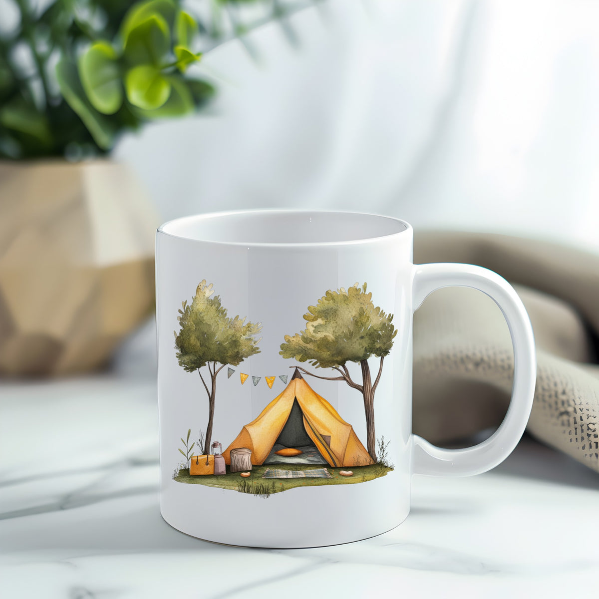 Bunting Flag Camp Tent UV DTF sticker applied to a white coffee mug