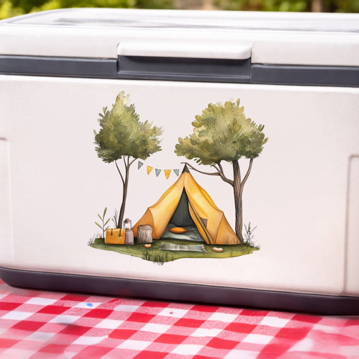 Bunting Flag Camp Tent UV DTF sticker applied to a white cooler