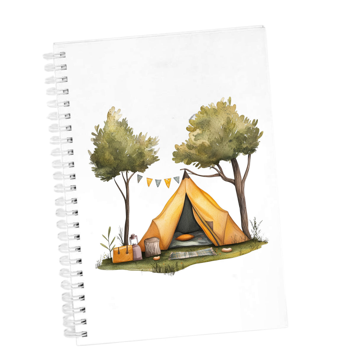 Bunting Flag Camp Tent UV DTF sticker applied to a white journal