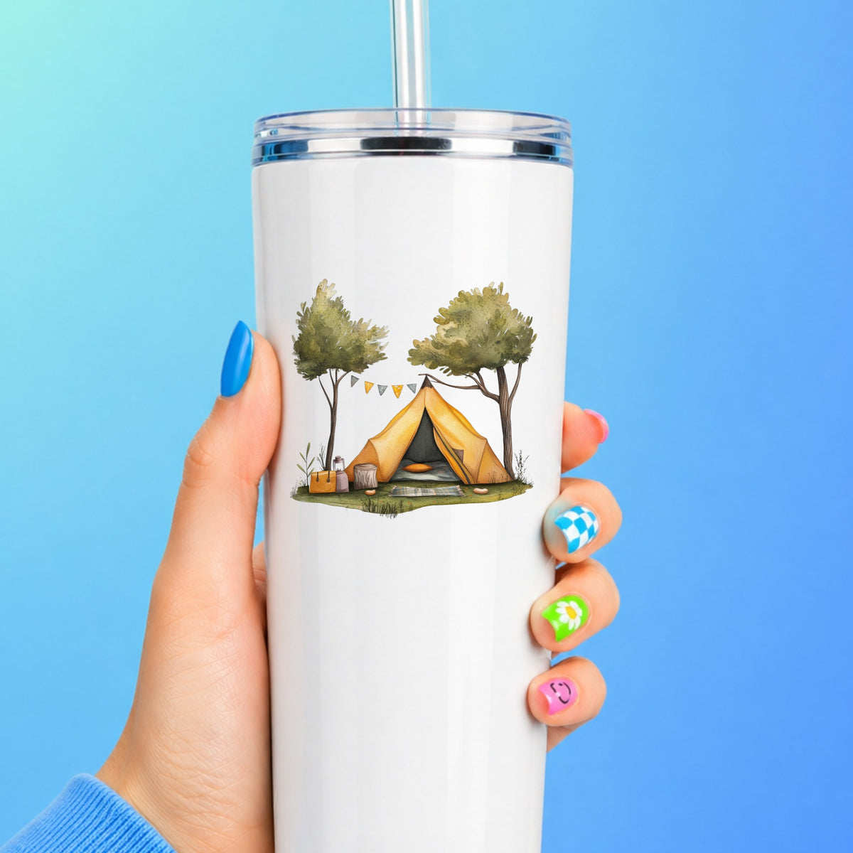 Bunting Flag Camp Tent UV DTF sticker applied to a white tumbler