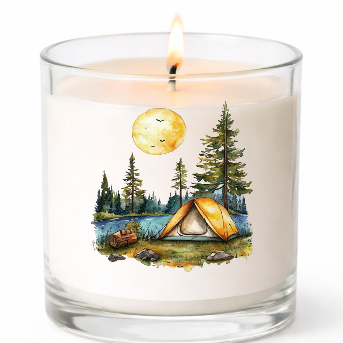 Sunny Lake Campsite UV DTF sticker applied to a candle jar