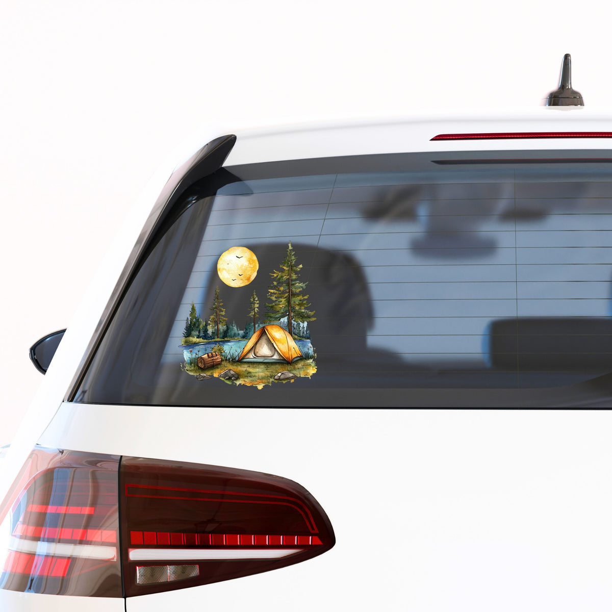 Sunny Lake Campsite UV DTF sticker applied to a car window