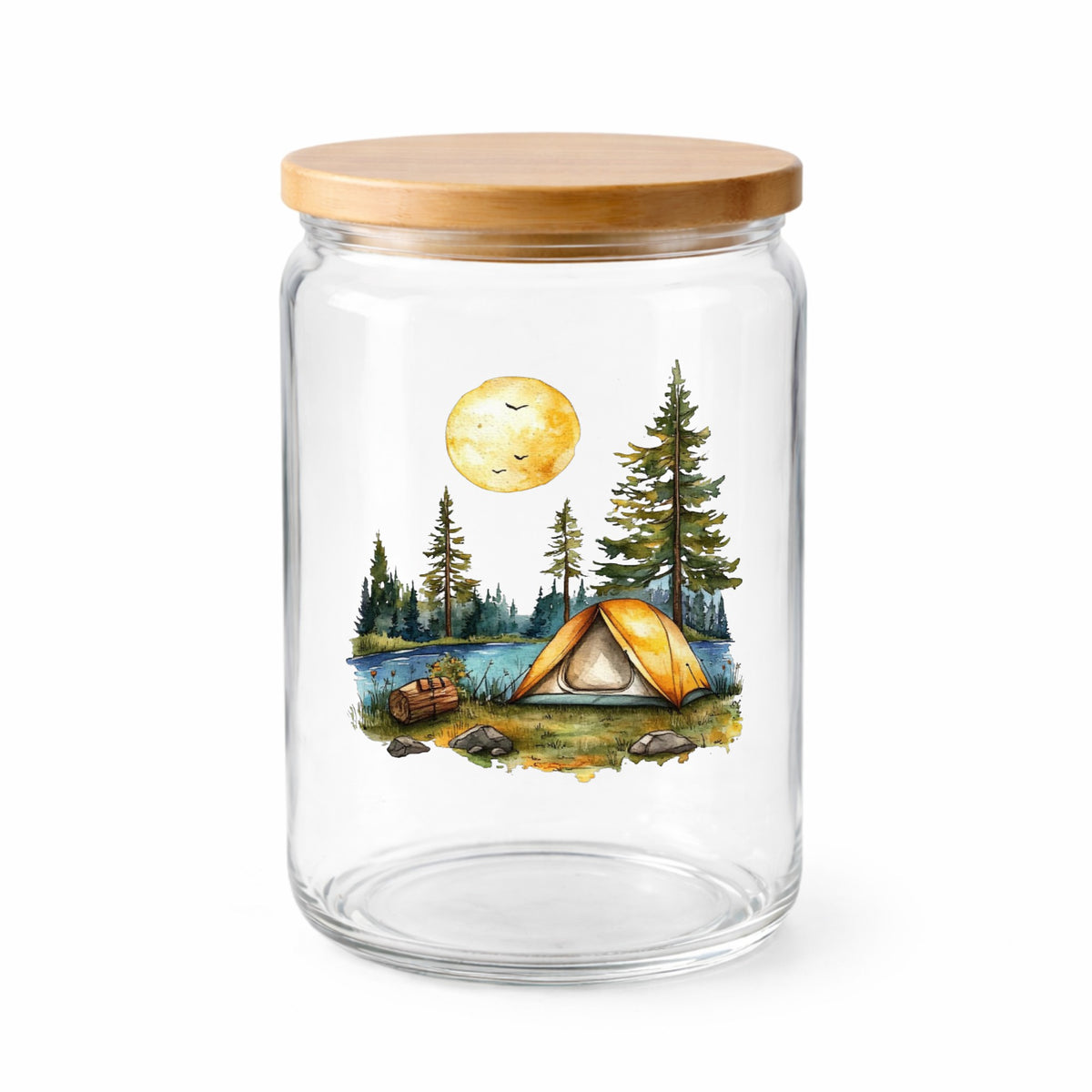Sunny Lake Campsite UV DTF sticker applied to a clear glass jar with lid