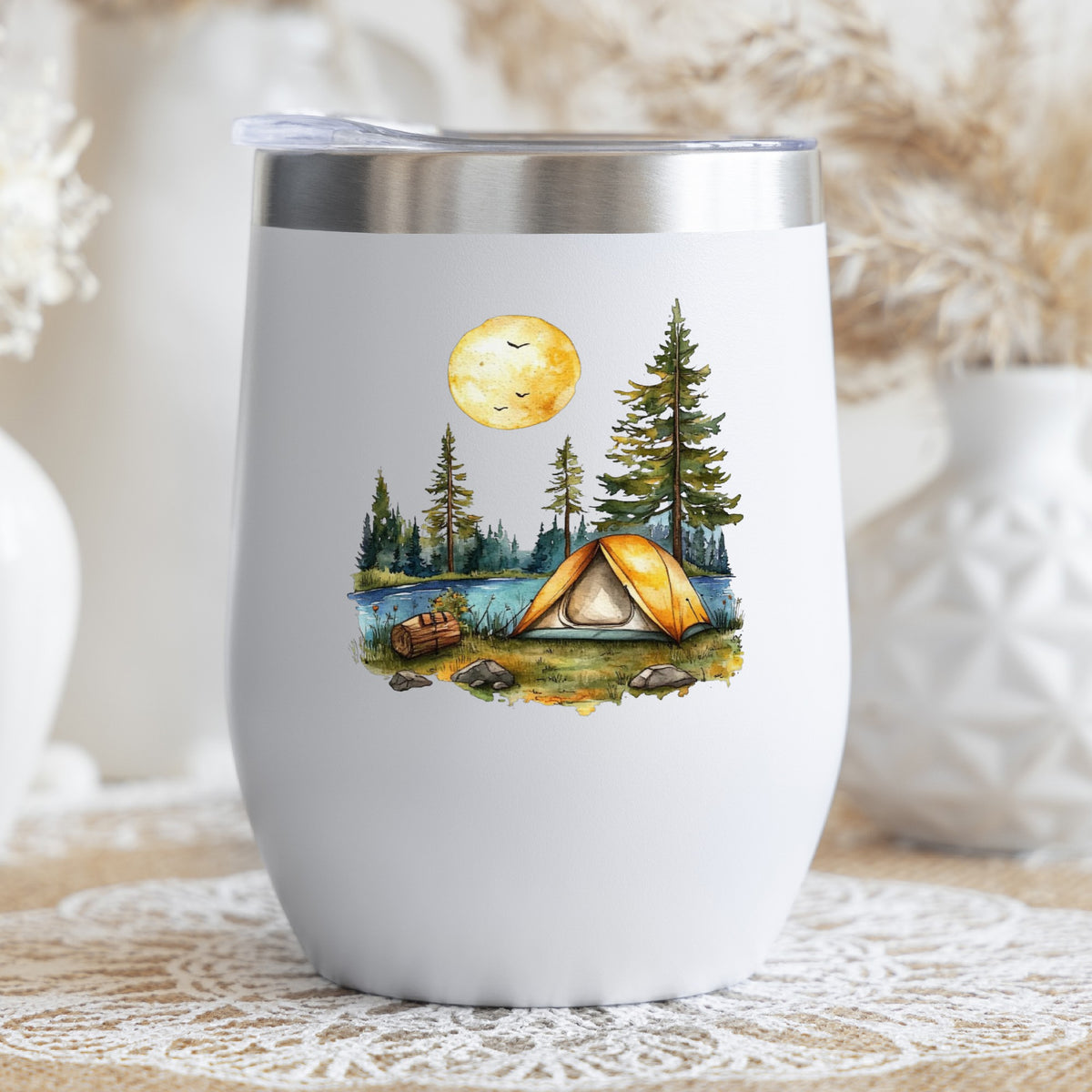 Sunny Lake Campsite UV DTF sticker applied to a stemless wine glass