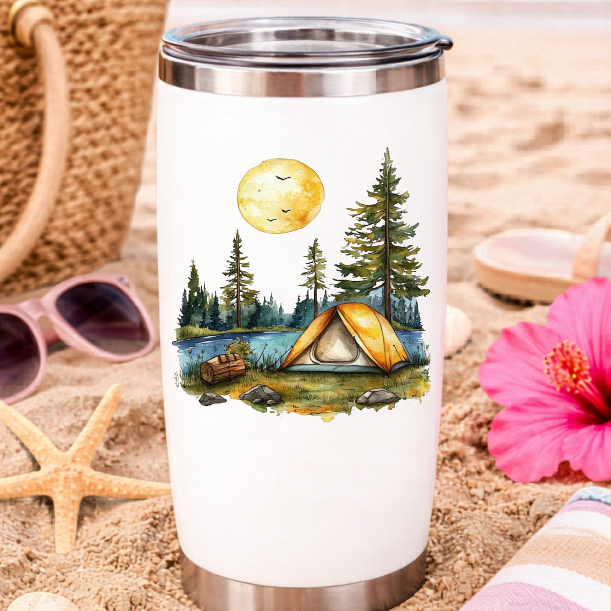 Sunny Lake Campsite UV DTF sticker applied to a water bottle at the beach