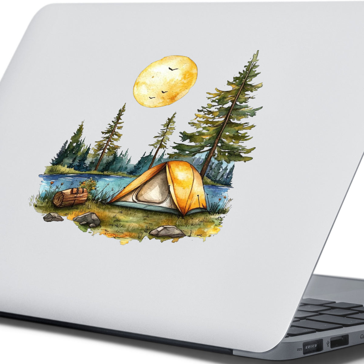 Sunny Lake Campsite UV DTF sticker applied to a laptop