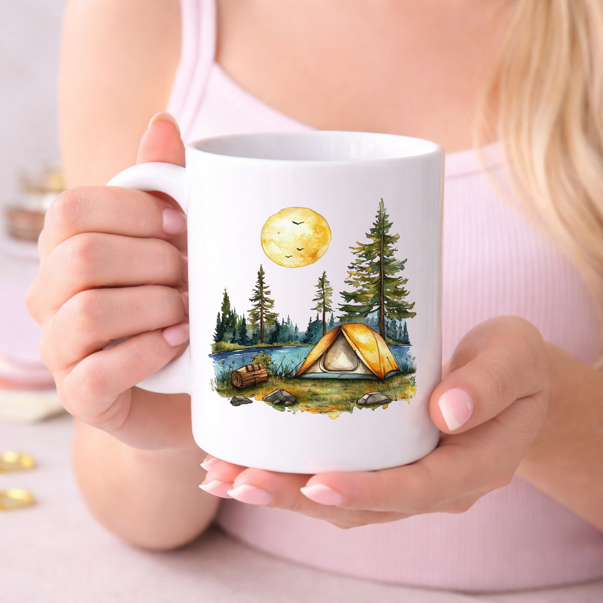 Sunny Lake Campsite UV DTF sticker displayed on a white coffee mug