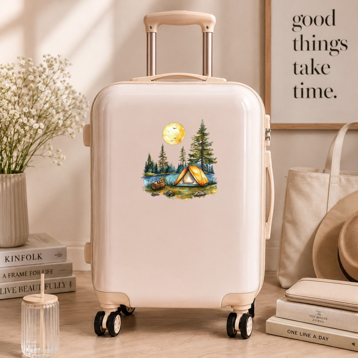Sunny Lake Campsite UV DTF sticker applied to a neutral suitcase