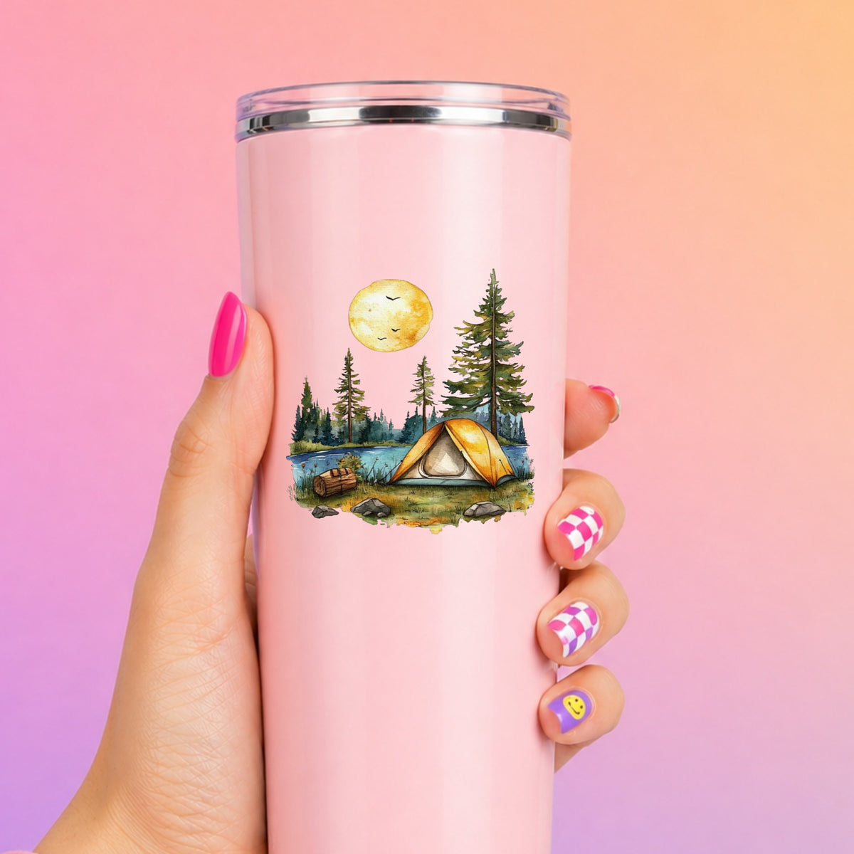 Sunny Lake Campsite UV DTF sticker applied to a pink tumbler