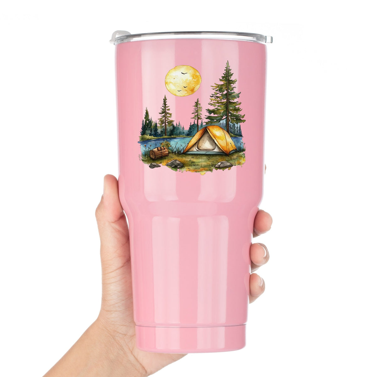 Sunny Lake Campsite UV DTF sticker applied to a pink tumbler