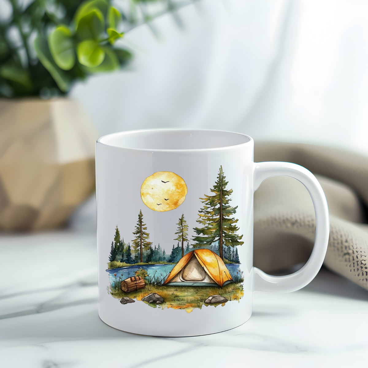 Sunny Lake Campsite UV DTF sticker applied to a white coffee mug