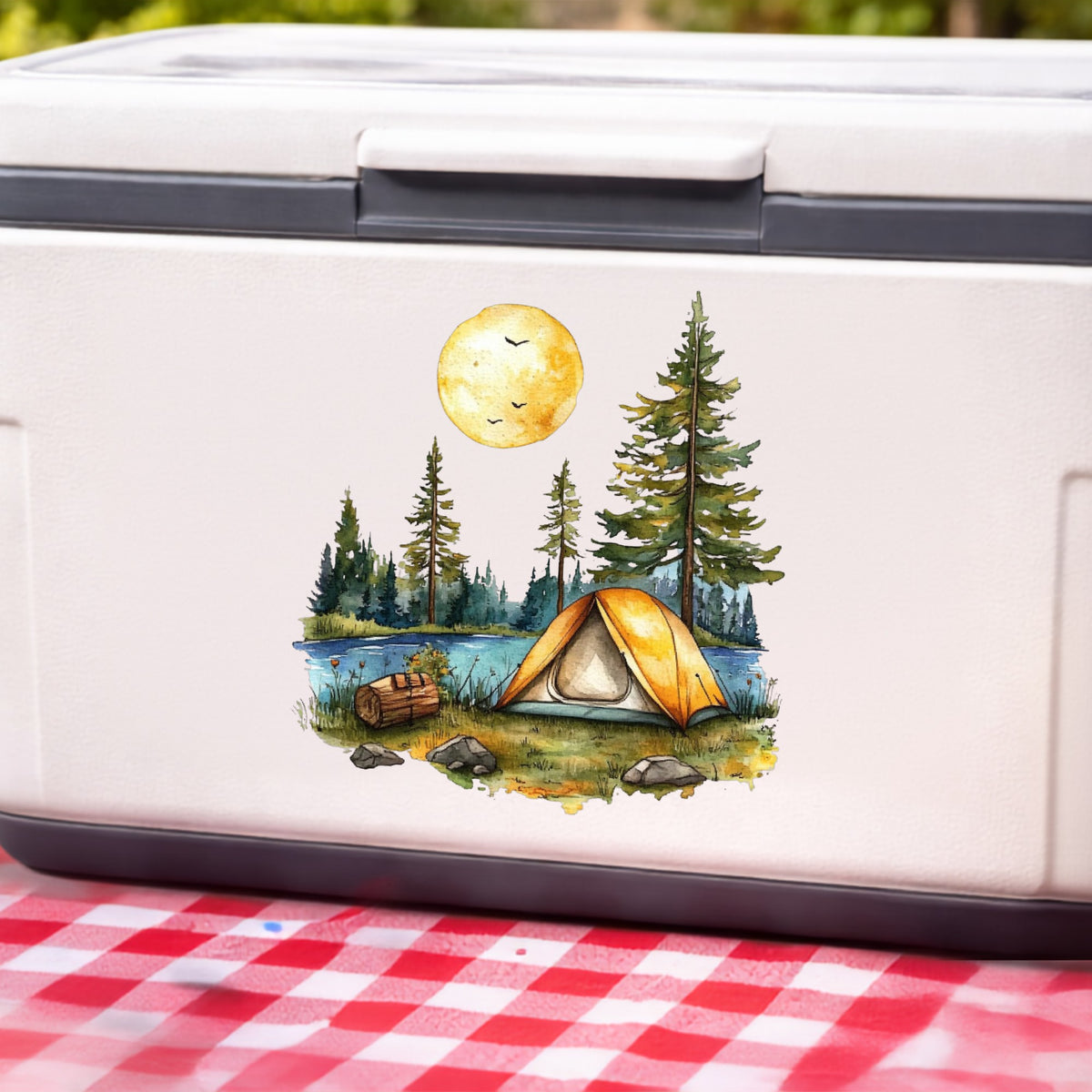 Sunny Lake Campsite UV DTF sticker applied to a white cooler