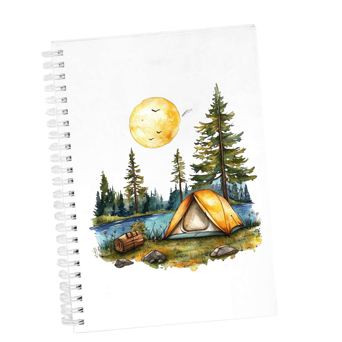 Sunny Lake Campsite UV DTF sticker applied to a white journal