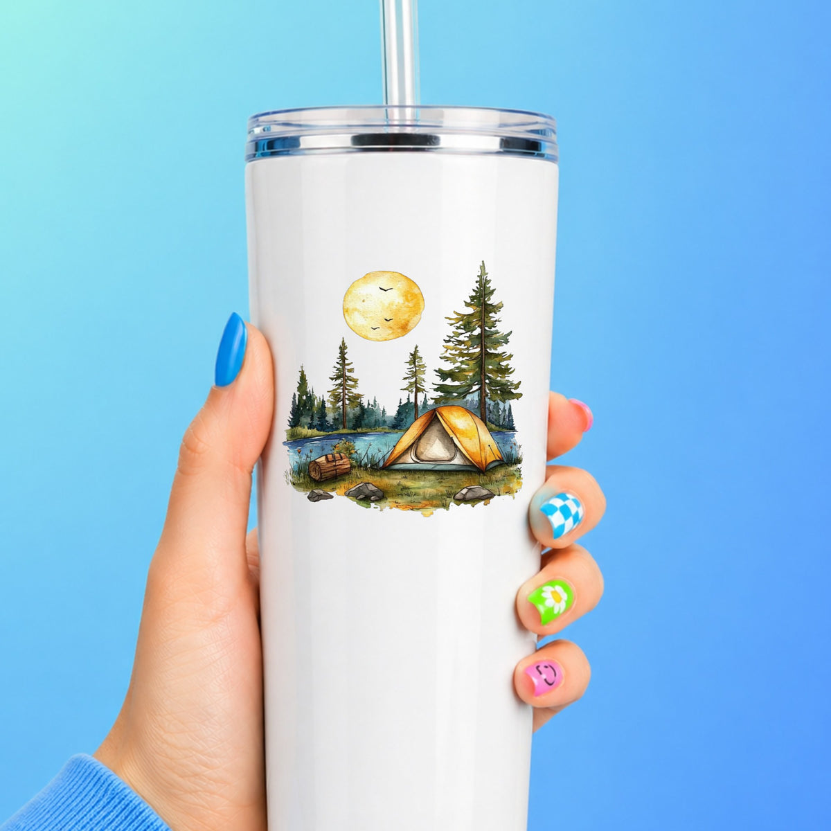 Sunny Lake Campsite UV DTF sticker applied to a white tumbler