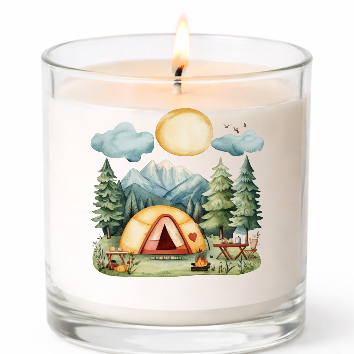 Mountain Camp Tent UV DTF sticker applied to a candle jar