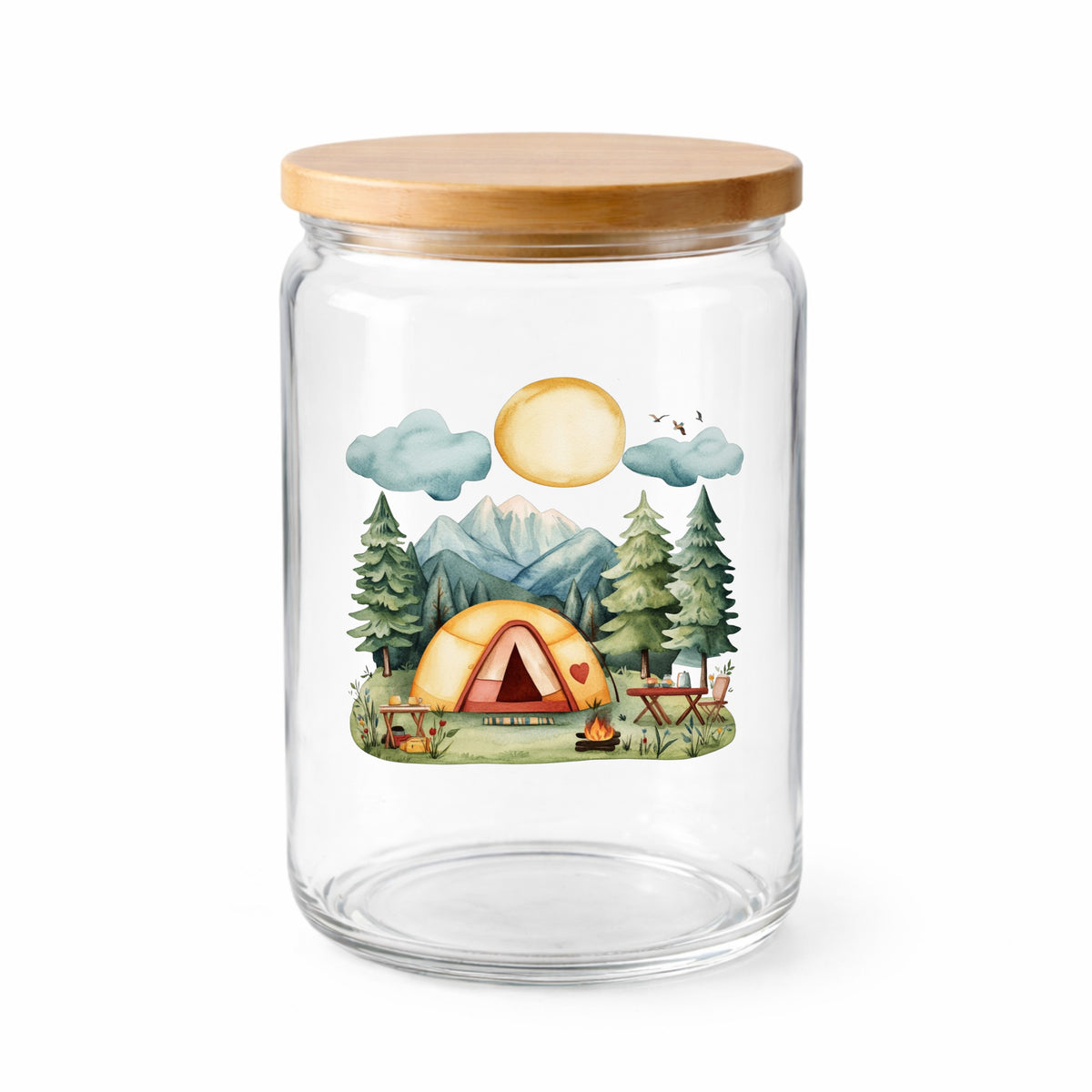 Mountain Camp Tent UV DTF sticker applied to a clear glass jar with lid