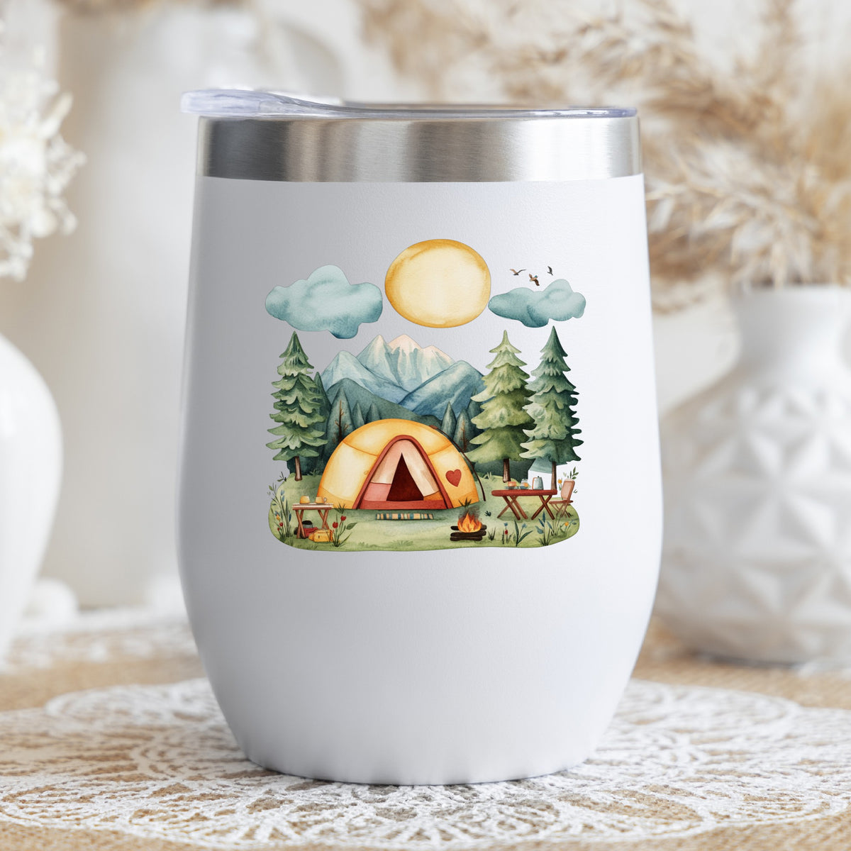 Mountain Camp Tent UV DTF sticker applied to a stemless wine glass