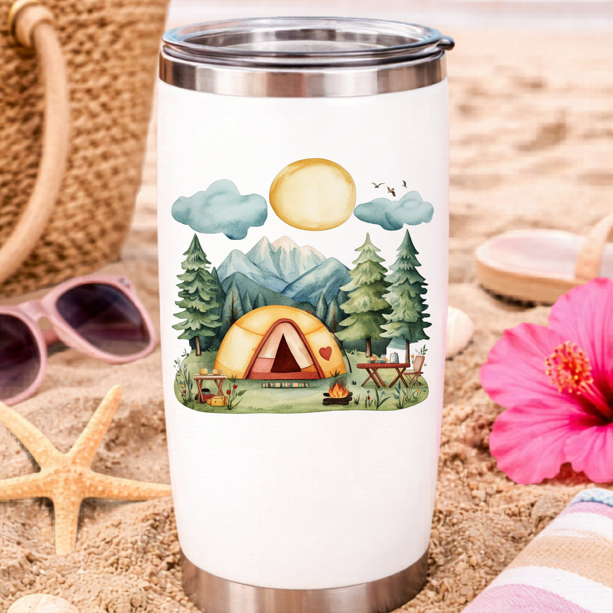 Mountain Camp Tent UV DTF sticker applied to a water bottle at the beach