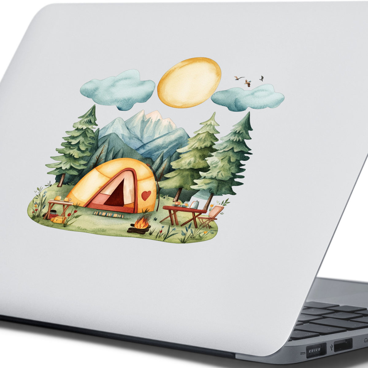Mountain Camp Tent UV DTF sticker applied to a laptop