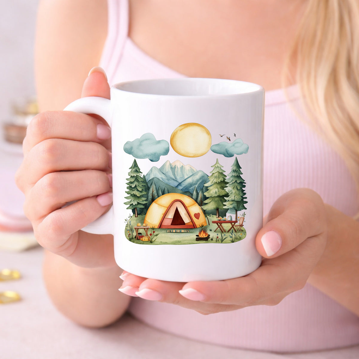 Mountain Camp Tent UV DTF sticker displayed on a white coffee mug