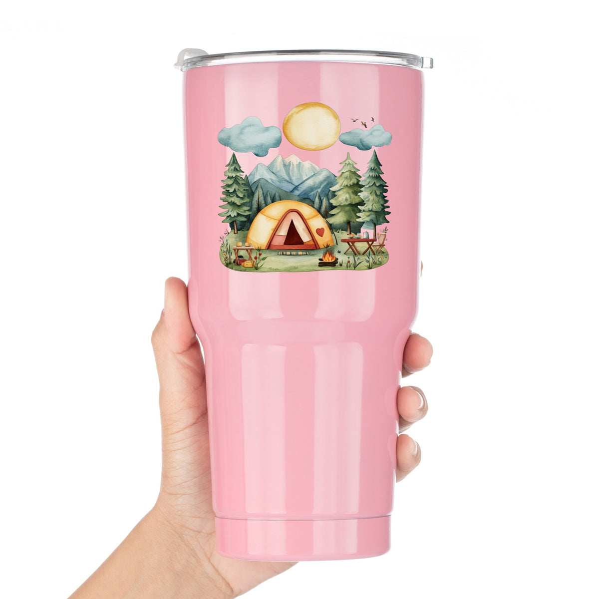 Mountain Camp Tent UV DTF sticker applied to a pink tumbler