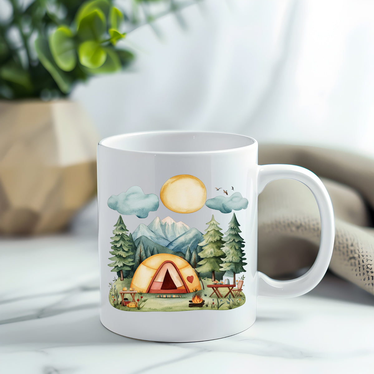 Mountain Camp Tent UV DTF sticker applied to a white coffee mug
