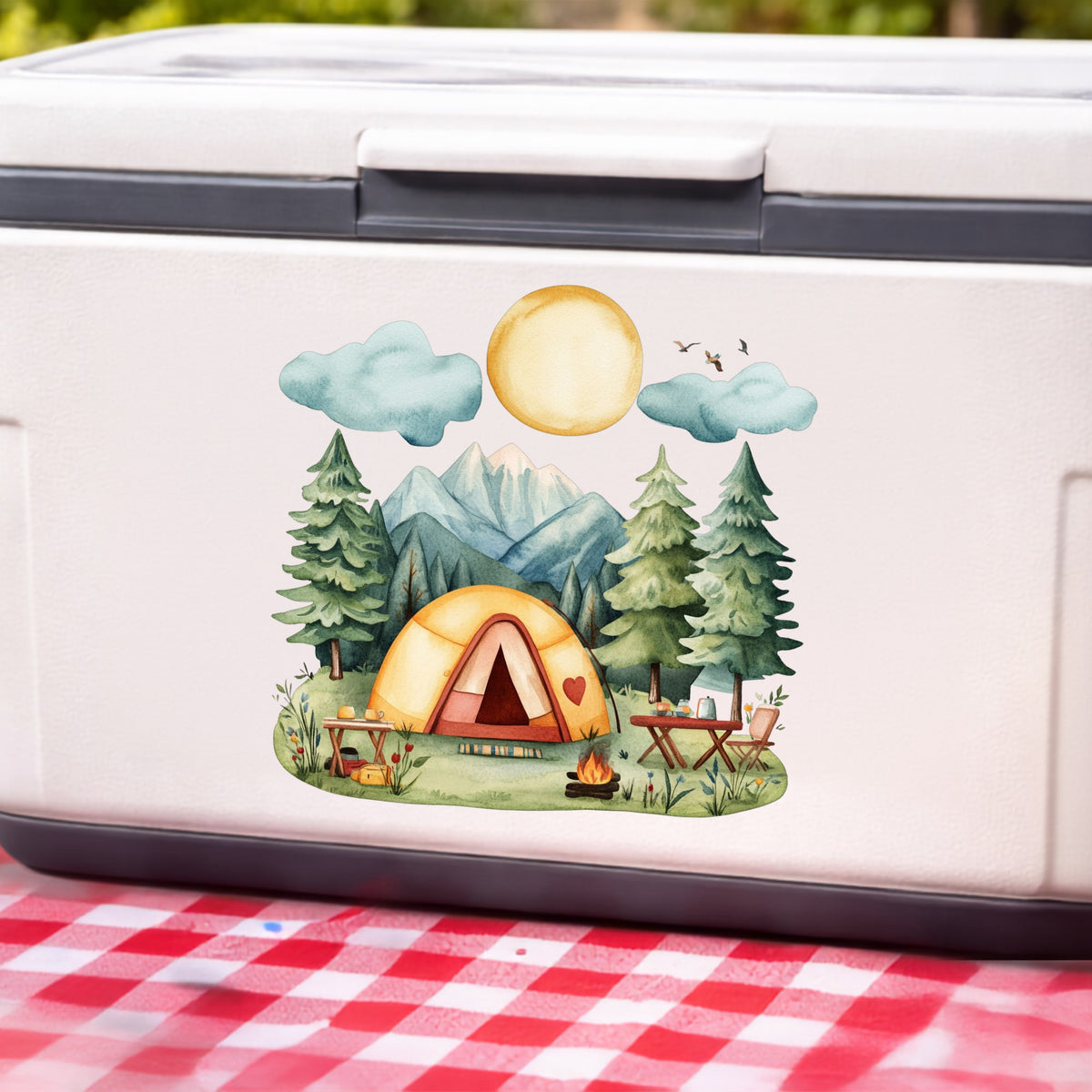 Mountain Camp Tent UV DTF sticker applied to a white cooler