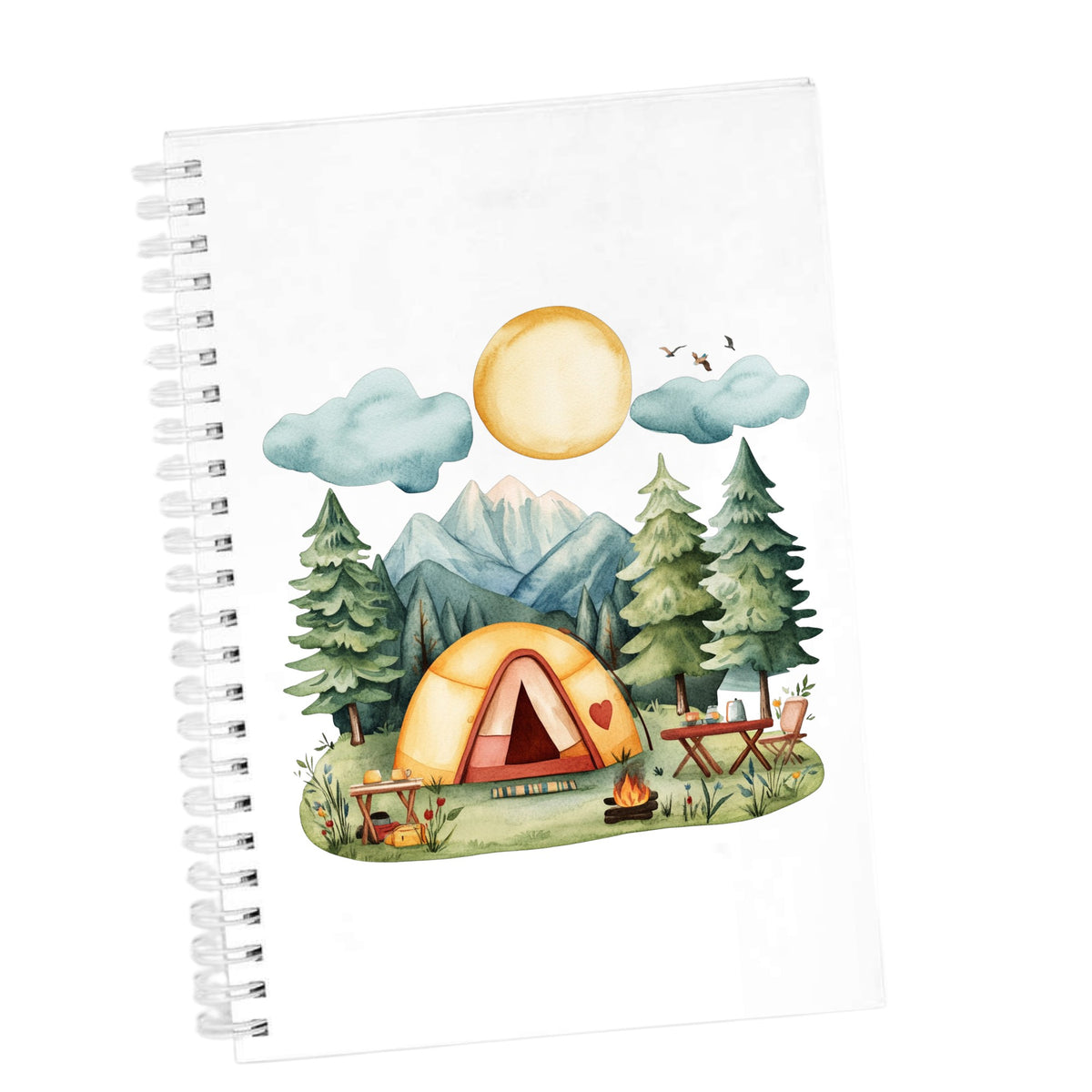 Mountain Camp Tent UV DTF sticker applied to a white journal