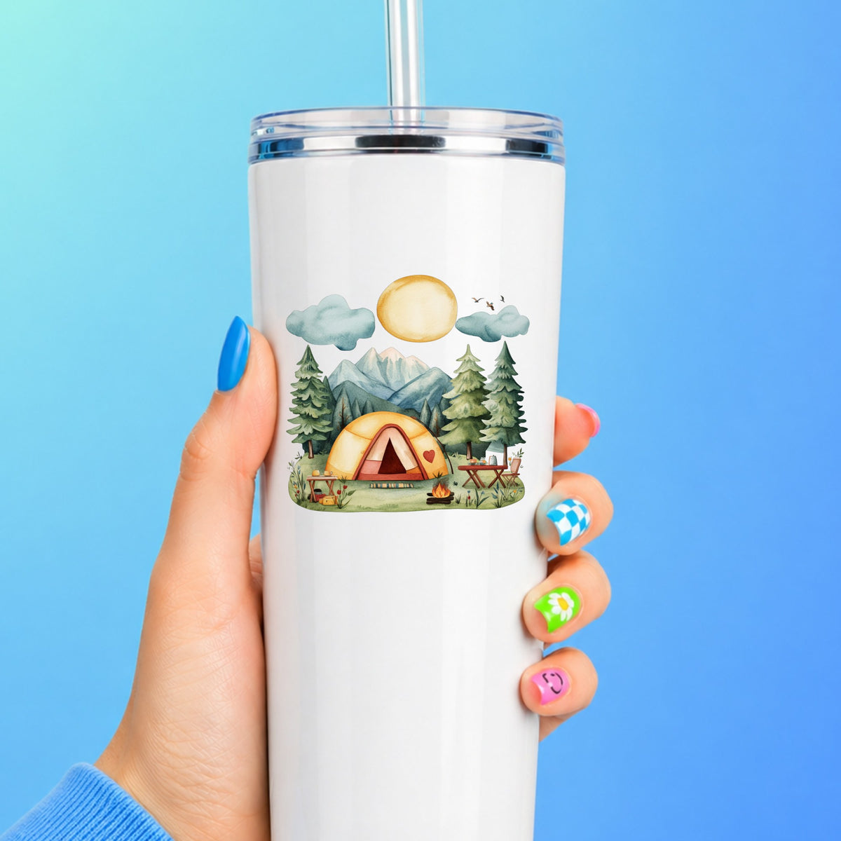 Mountain Camp Tent UV DTF sticker applied to a white tumbler
