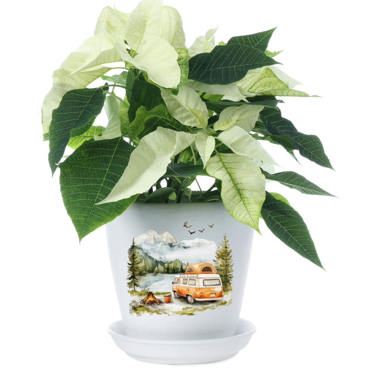 Orange Camper Van UV DTF sticker applied to a plant pot