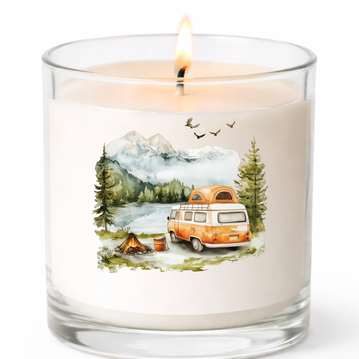 Orange Camper Van UV DTF sticker applied to a candle jar