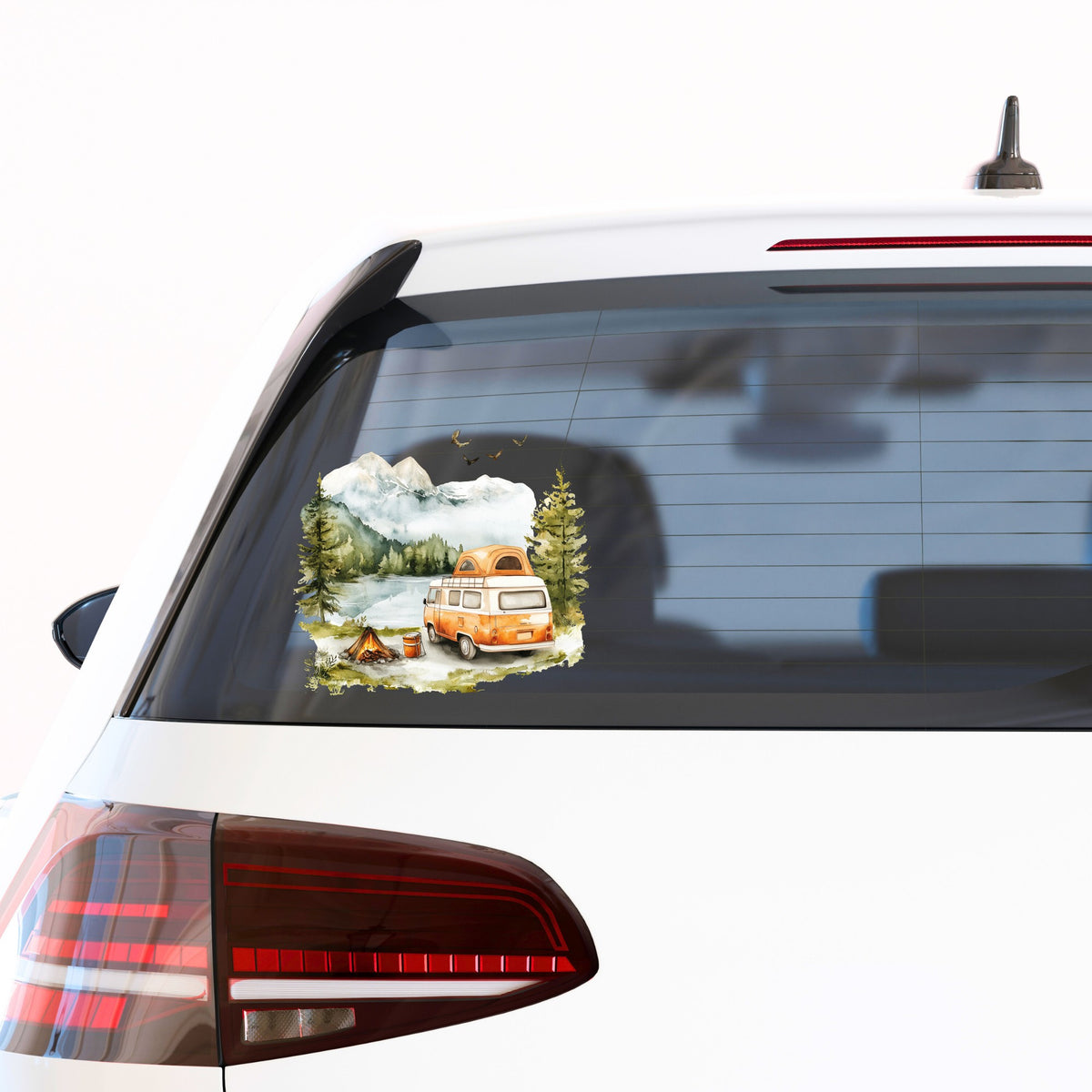 Orange Camper Van UV DTF sticker applied to a car window