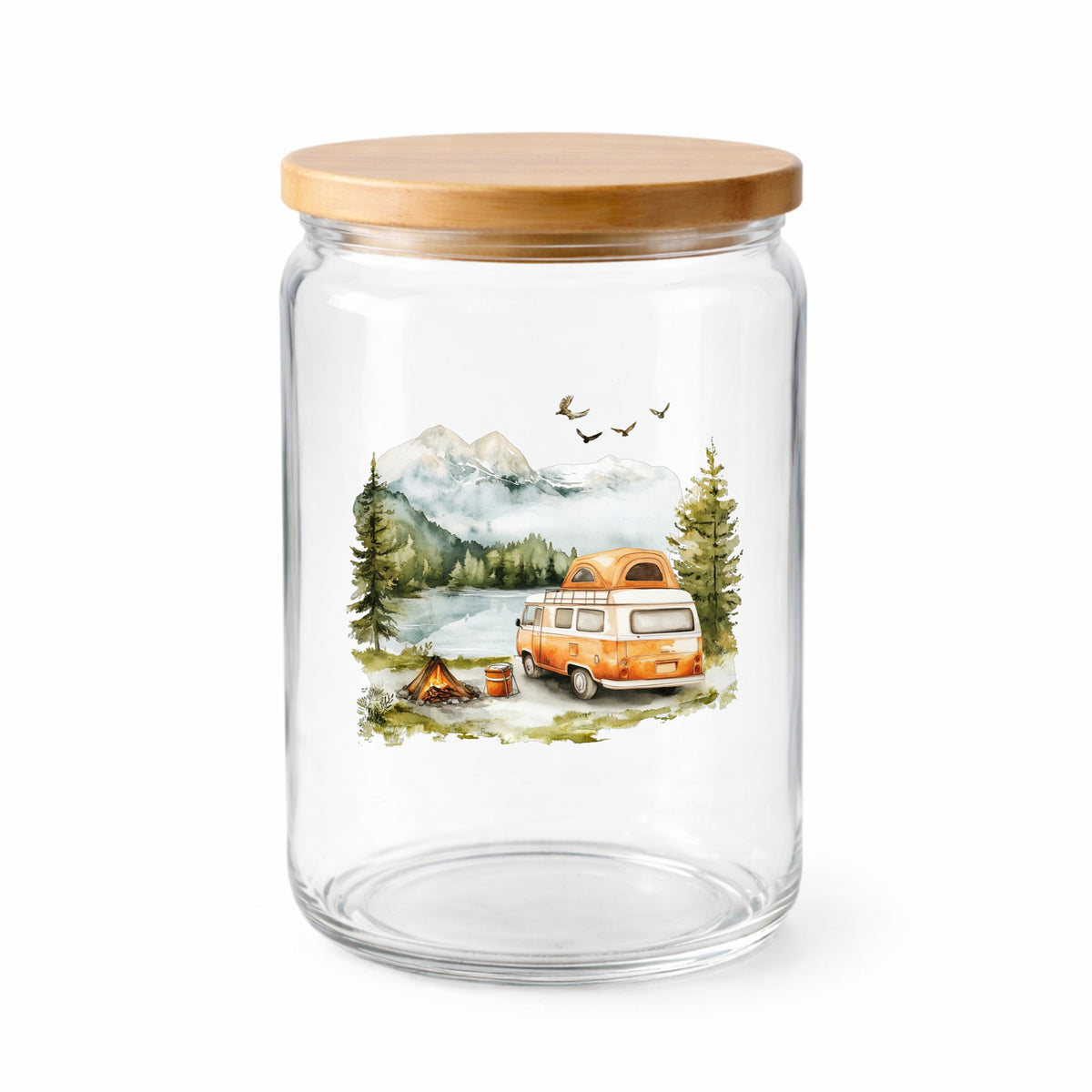 Orange Camper Van UV DTF sticker applied to a clear glass jar with lid