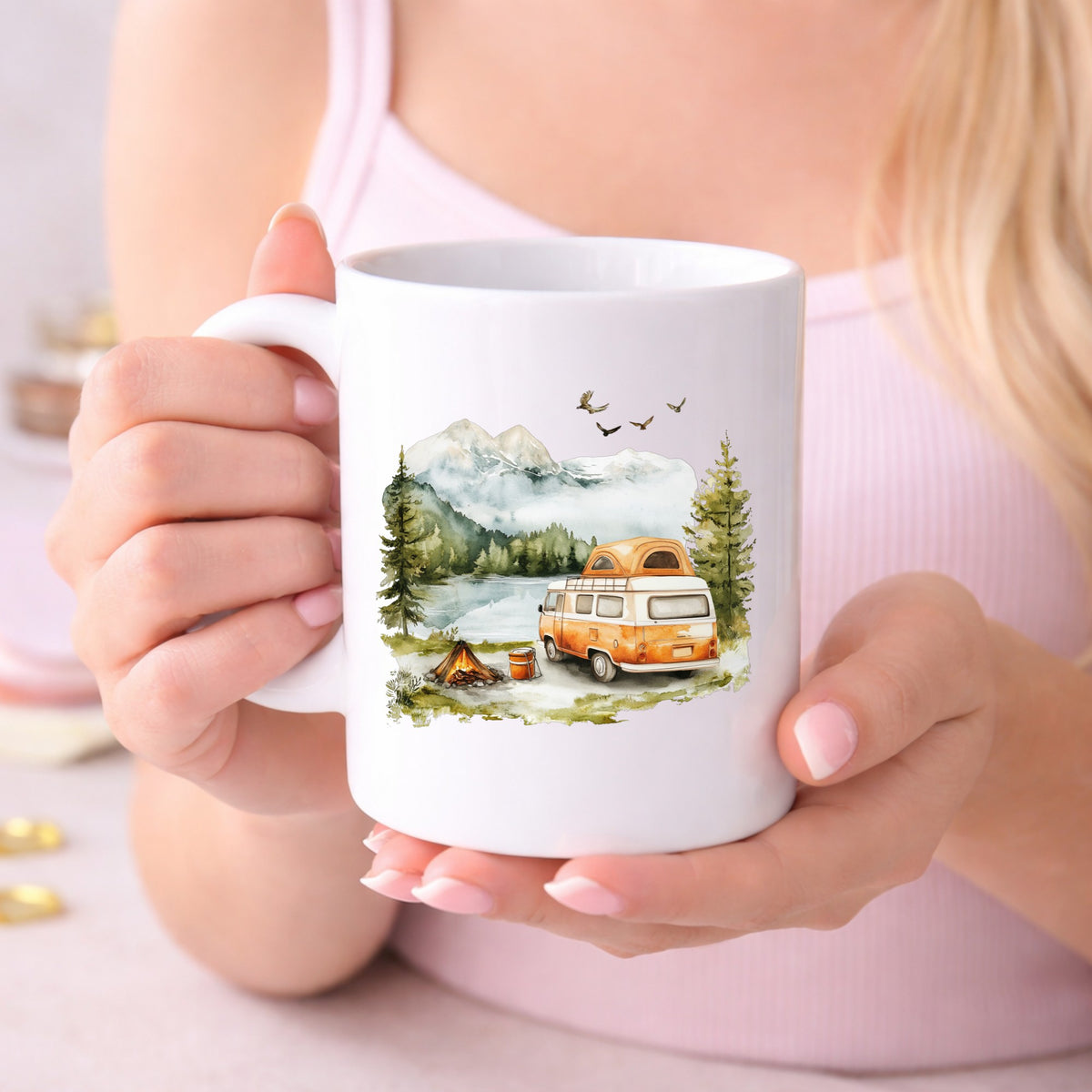Orange Camper Van UV DTF sticker displayed on a white coffee mug
