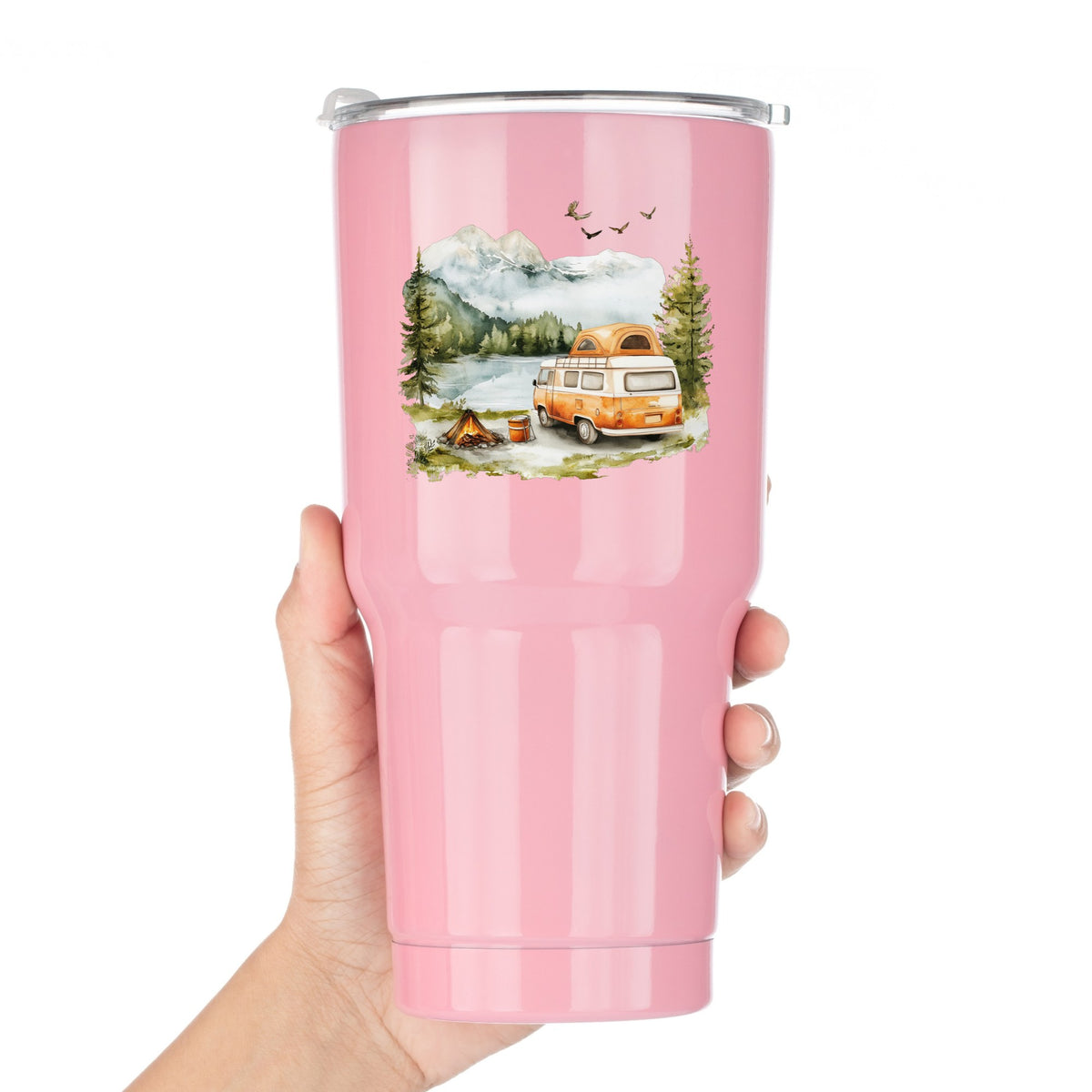Orange Camper Van UV DTF sticker applied to a pink tumbler