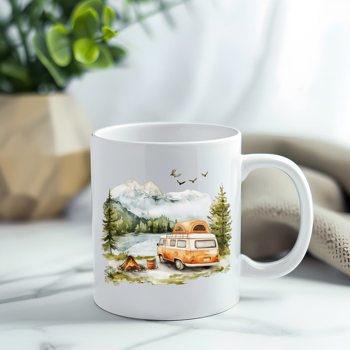 Orange Camper Van UV DTF sticker applied to a white coffee mug