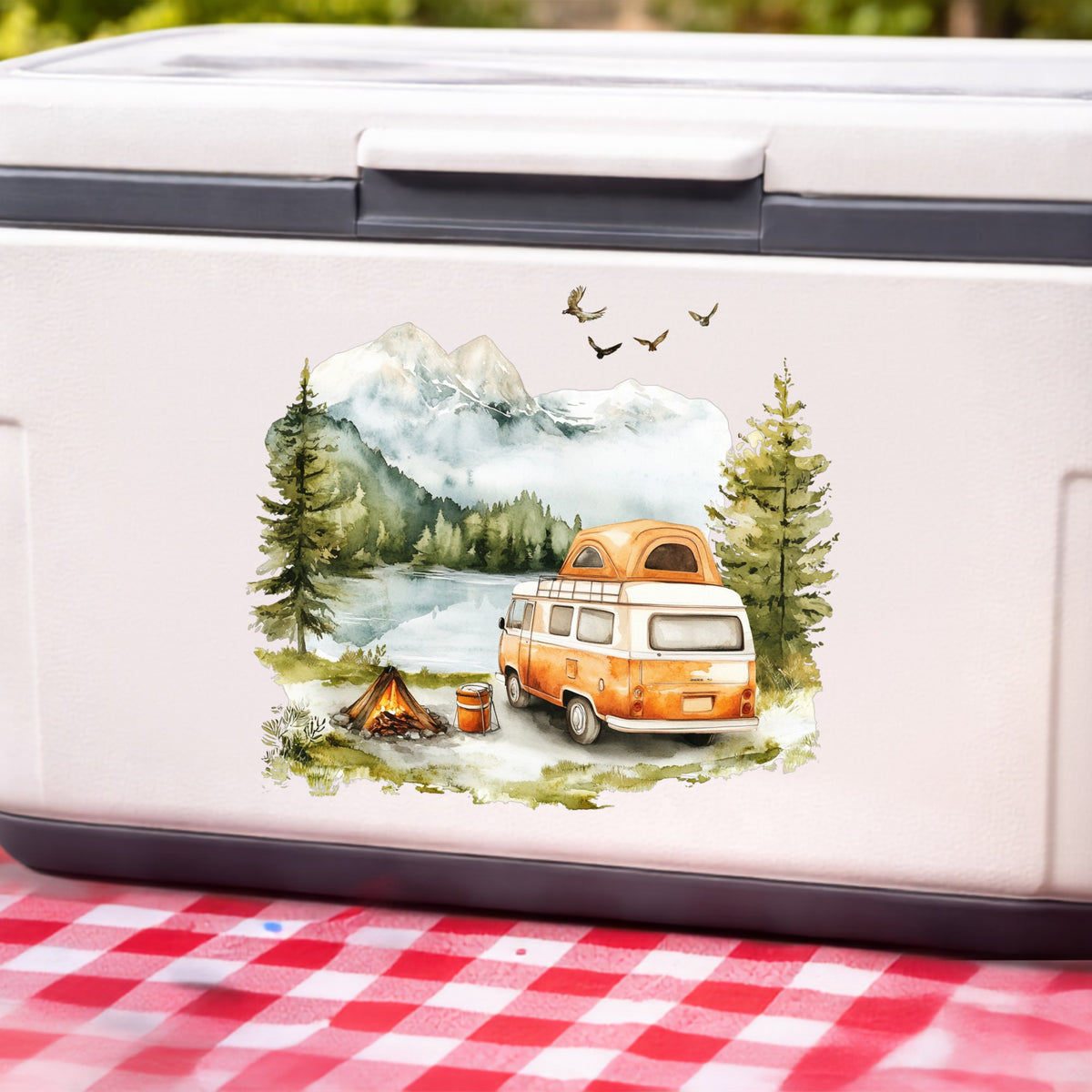 Orange Camper Van UV DTF sticker applied to a white cooler