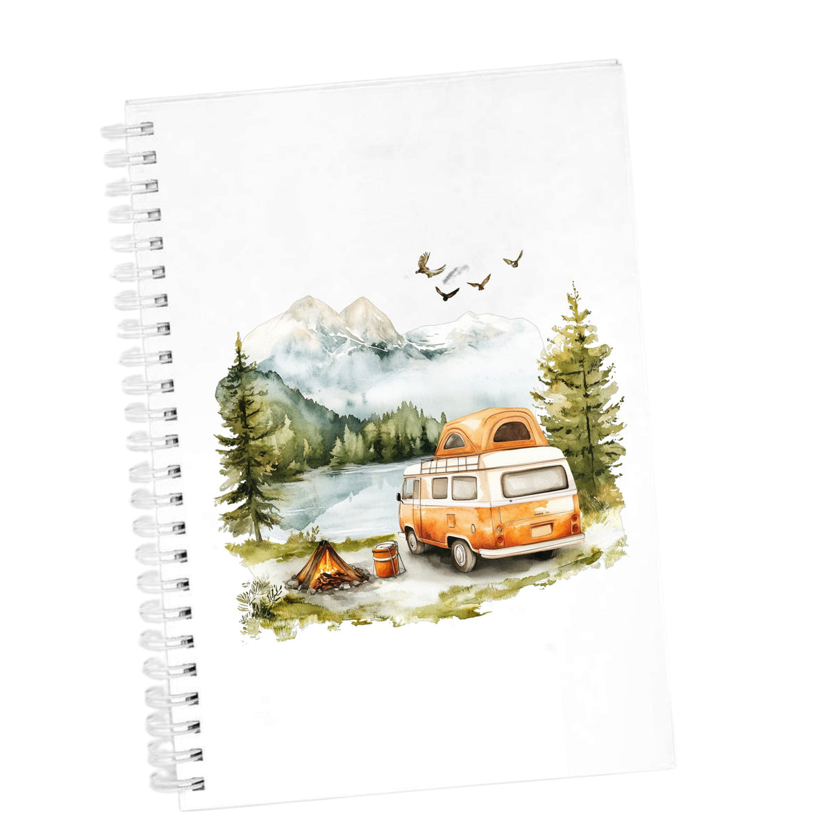 Orange Camper Van UV DTF sticker applied to a white journal