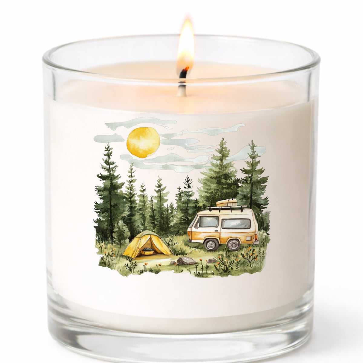 Camper Van And Tent UV DTF sticker applied to a candle jar